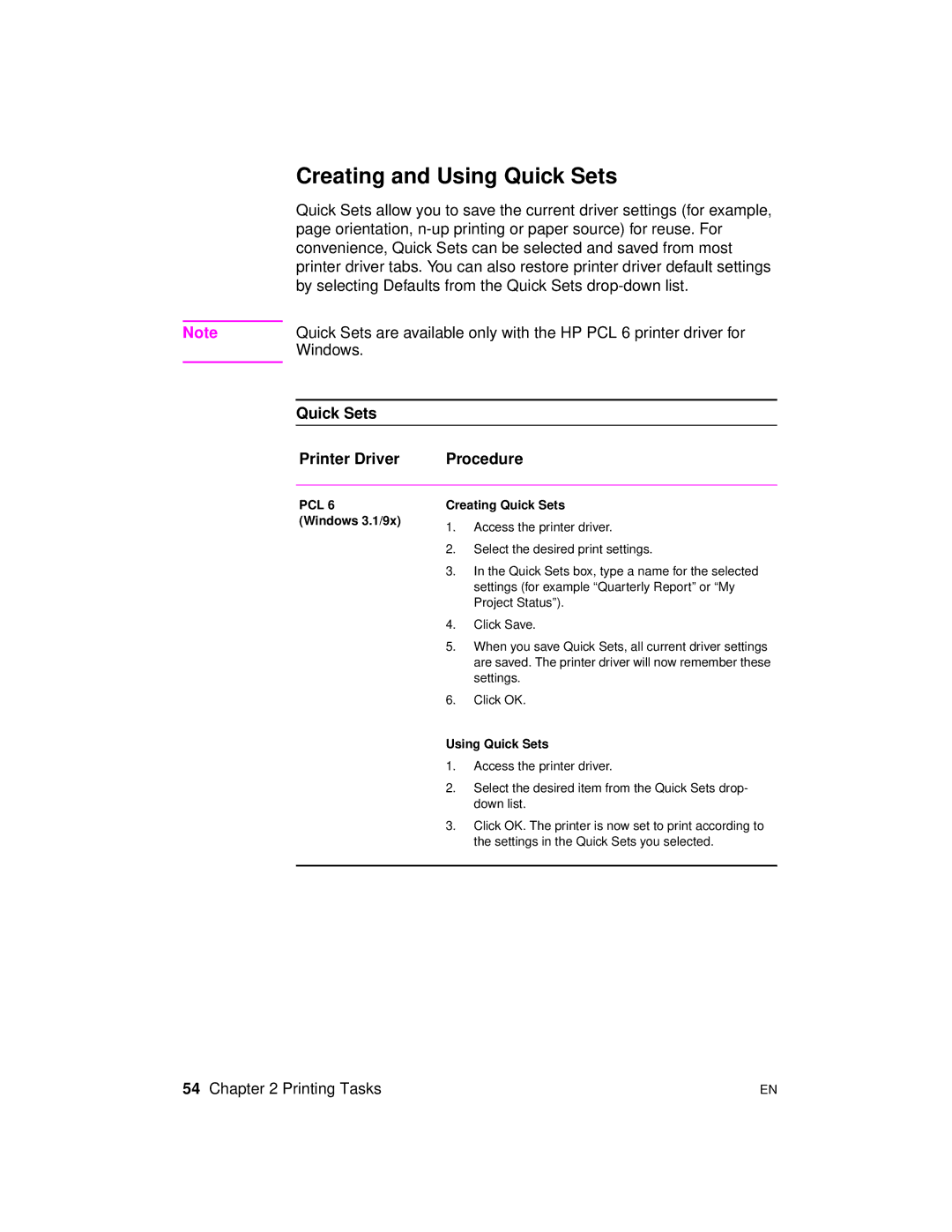 HP 2100 TN, 2100 M Creating and Using Quick Sets, Quick Sets Printer Driver Procedure, Windows 3.1/9x Creating Quick Sets 