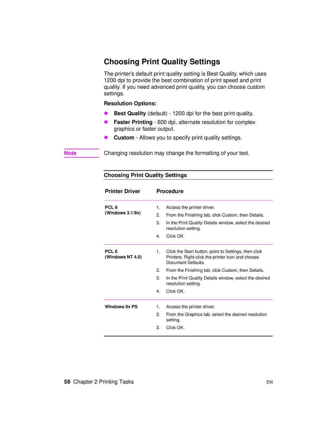 HP 2100 TN, 2100 M manual Resolution Options, Choosing Print Quality Settings Printer Driver Procedure 