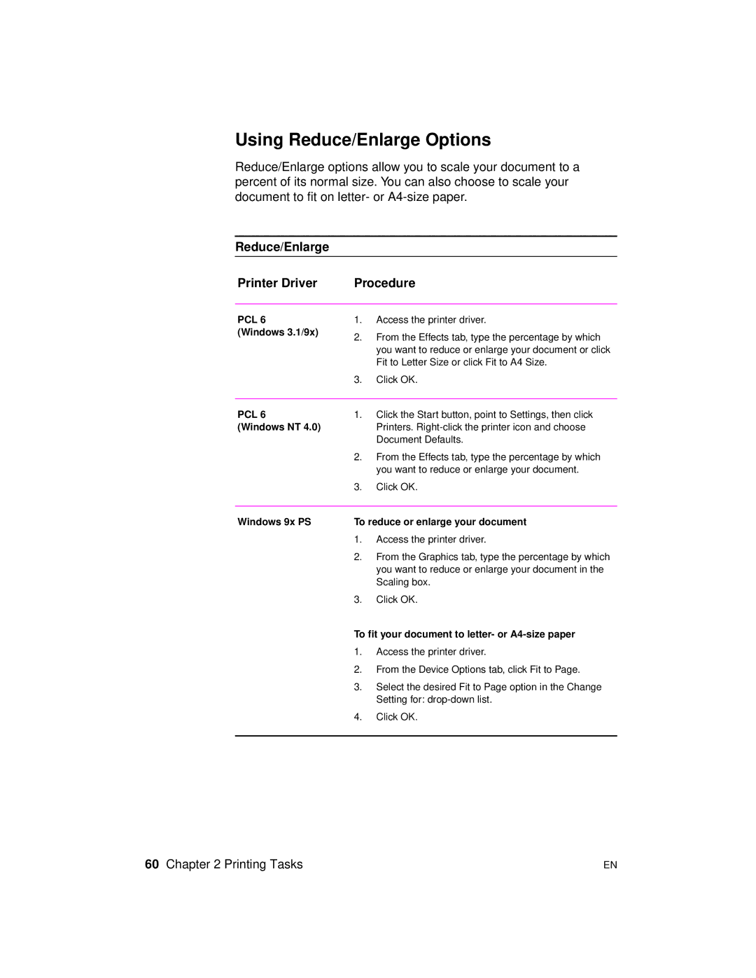 HP 2100 TN, 2100 M manual Using Reduce/Enlarge Options, Reduce/Enlarge Printer Driver Procedure 