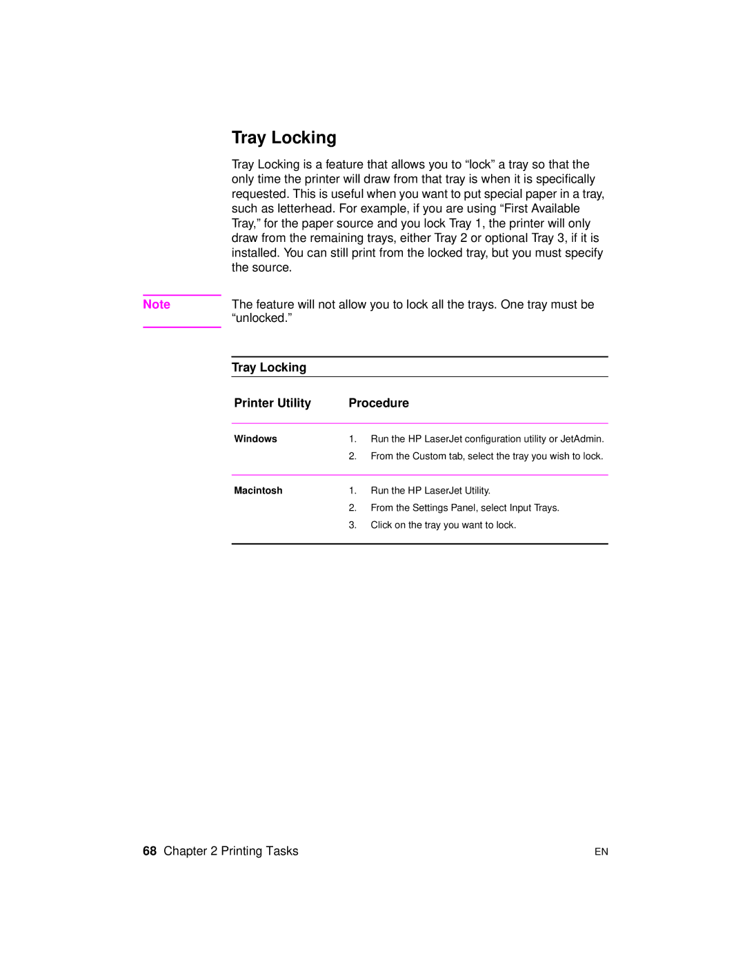 HP 2100 TN, 2100 M manual Tray Locking Printer Utility Procedure, Windows 