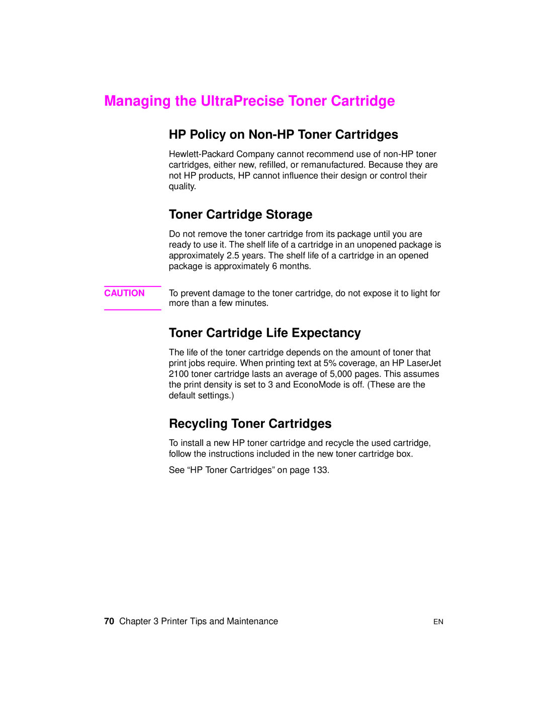 HP 2100 TN manual Managing the UltraPrecise Toner Cartridge, HP Policy on Non-HP Toner Cartridges, Toner Cartridge Storage 