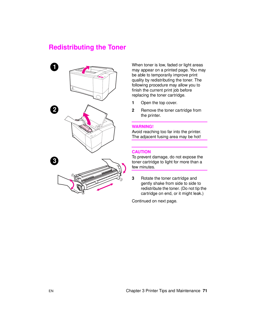 HP 2100 M, 2100 TN manual Redistributing the Toner 