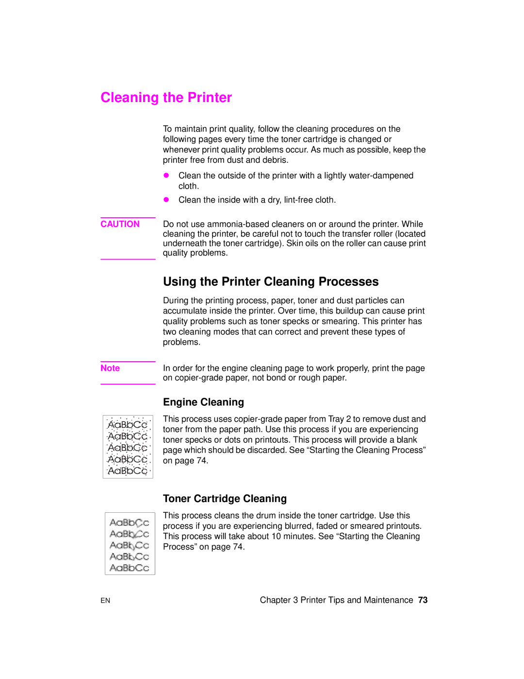 HP 2100 M, 2100 TN Cleaning the Printer, Using the Printer Cleaning Processes, Engine Cleaning, Toner Cartridge Cleaning 