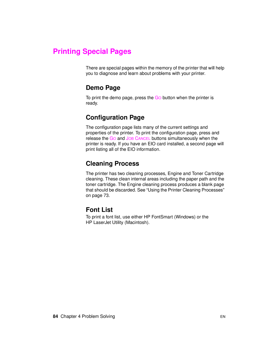 HP 2100 TN, 2100 M manual Printing Special Pages, Demo, Configuration, Cleaning Process, Font List 