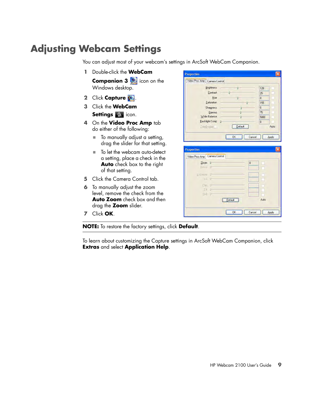 HP 2100 VT/643AA manual Adjusting Webcam Settings, On the Video Proc Amp tab do either of the following 