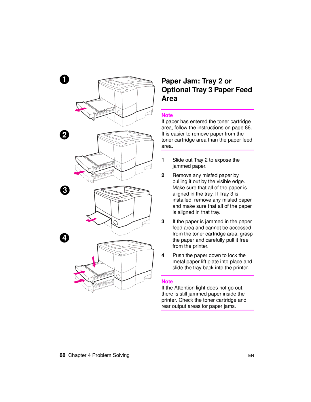 HP 2100 manual Paper Jam Tray 2 or Optional Tray 3 Paper Feed Area 