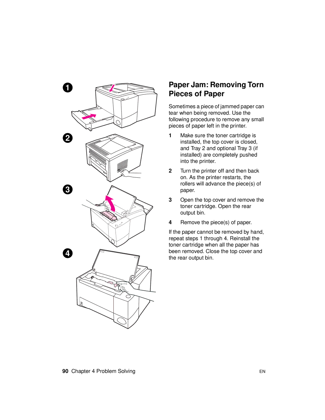 HP 2100 manual Paper Jam Removing Torn Pieces of Paper 