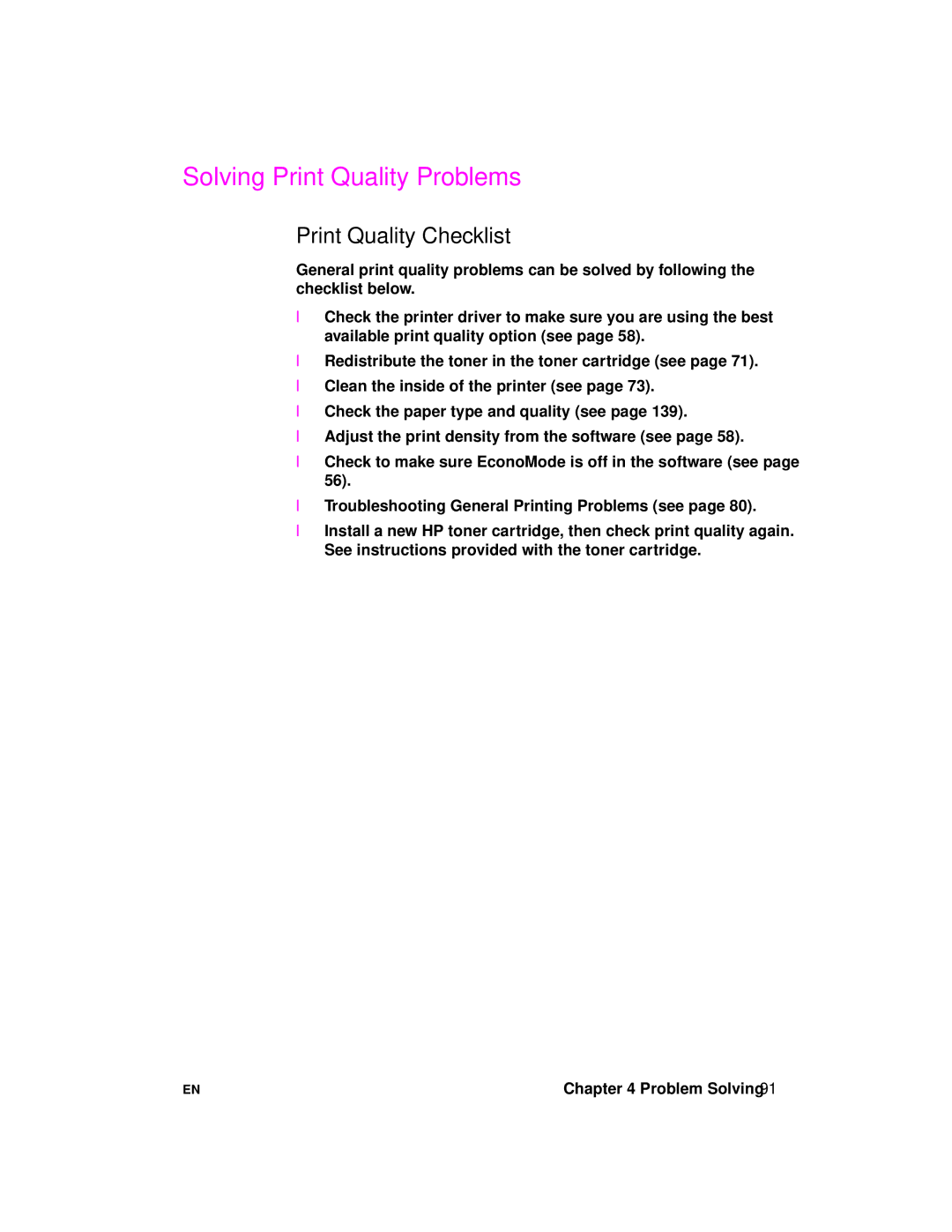 HP 2100 manual Solving Print Quality Problems, Print Quality Checklist 