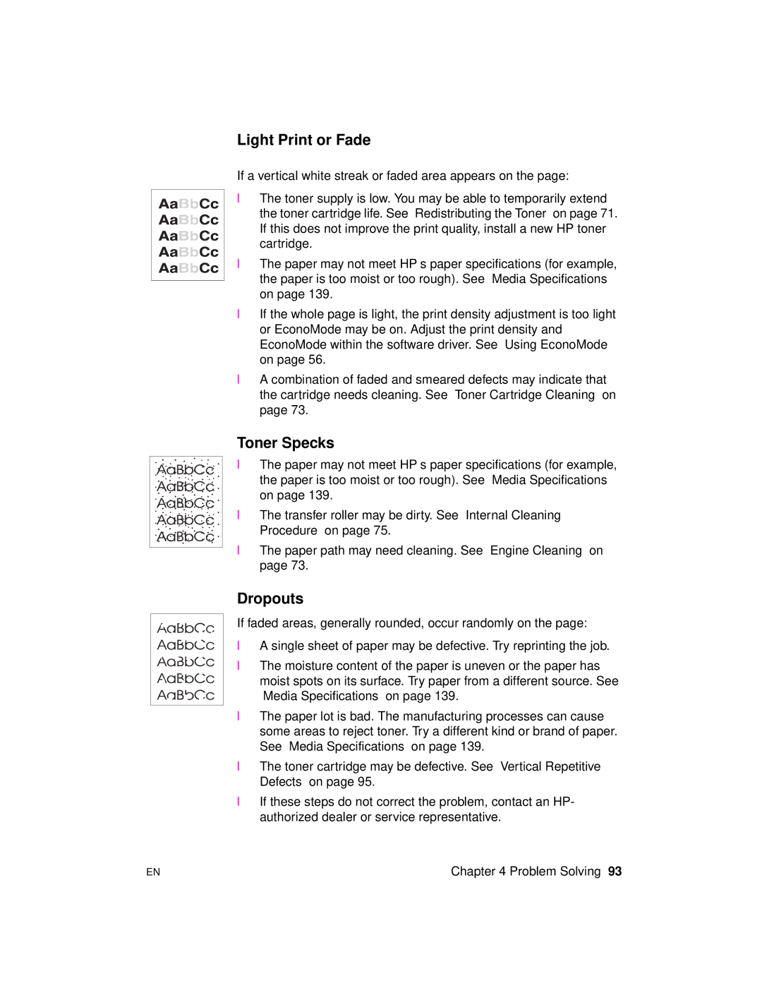 HP 2100 manual Light Print or Fade, Toner Specks, Dropouts 