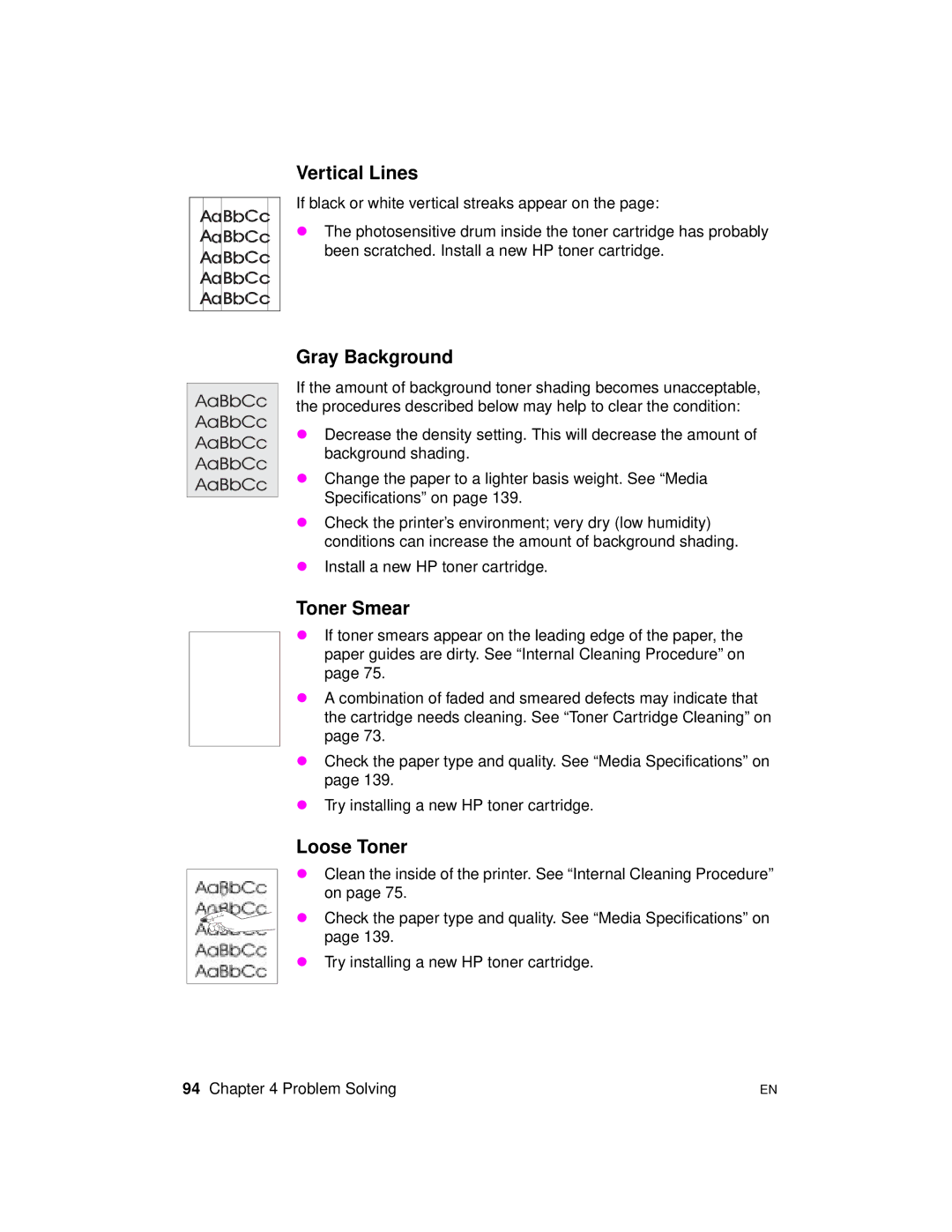 HP 2100 manual Vertical Lines, Gray Background, Toner Smear, Loose Toner 