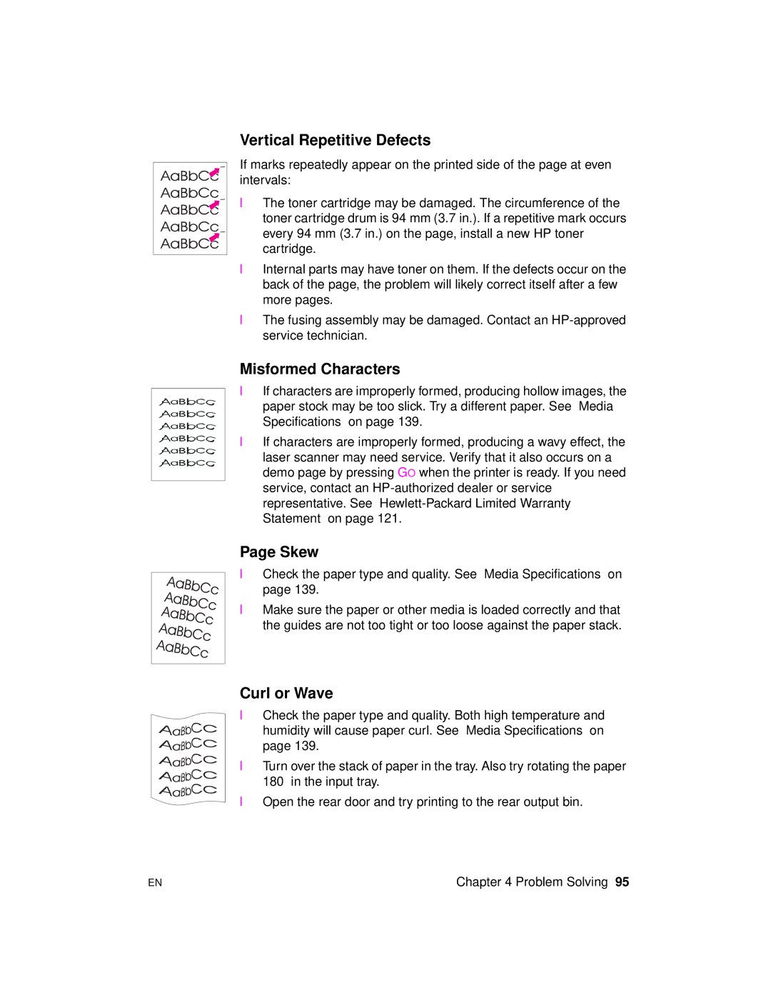 HP 2100 manual Vertical Repetitive Defects, Misformed Characters, Skew, Curl or Wave 