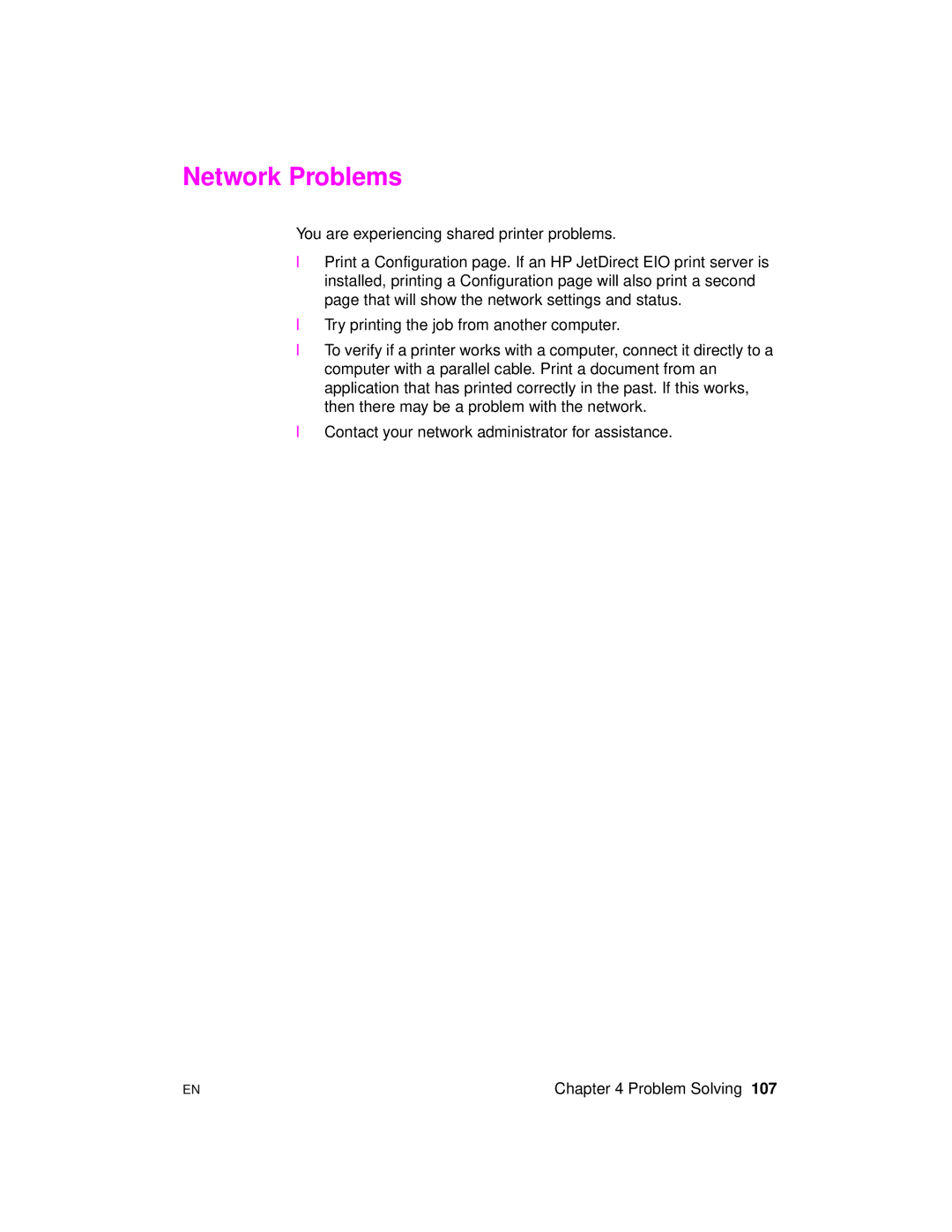 HP 2100 manual Network Problems 