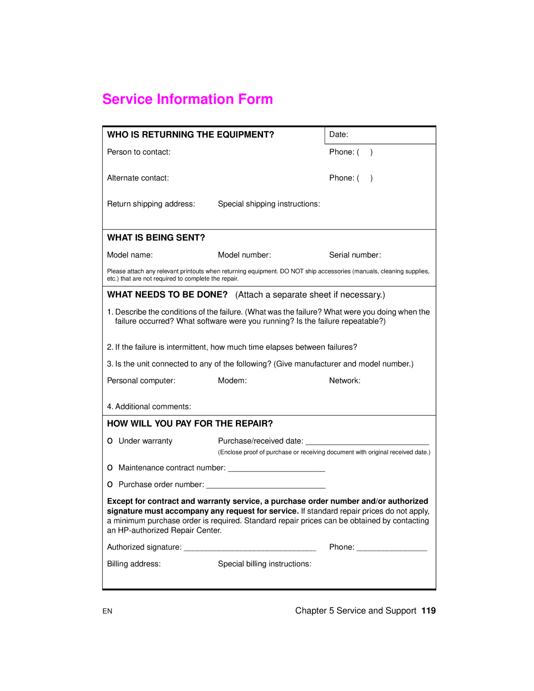 HP 2100 manual Service Information Form, WHO is Returning the EQUIPMENT? 