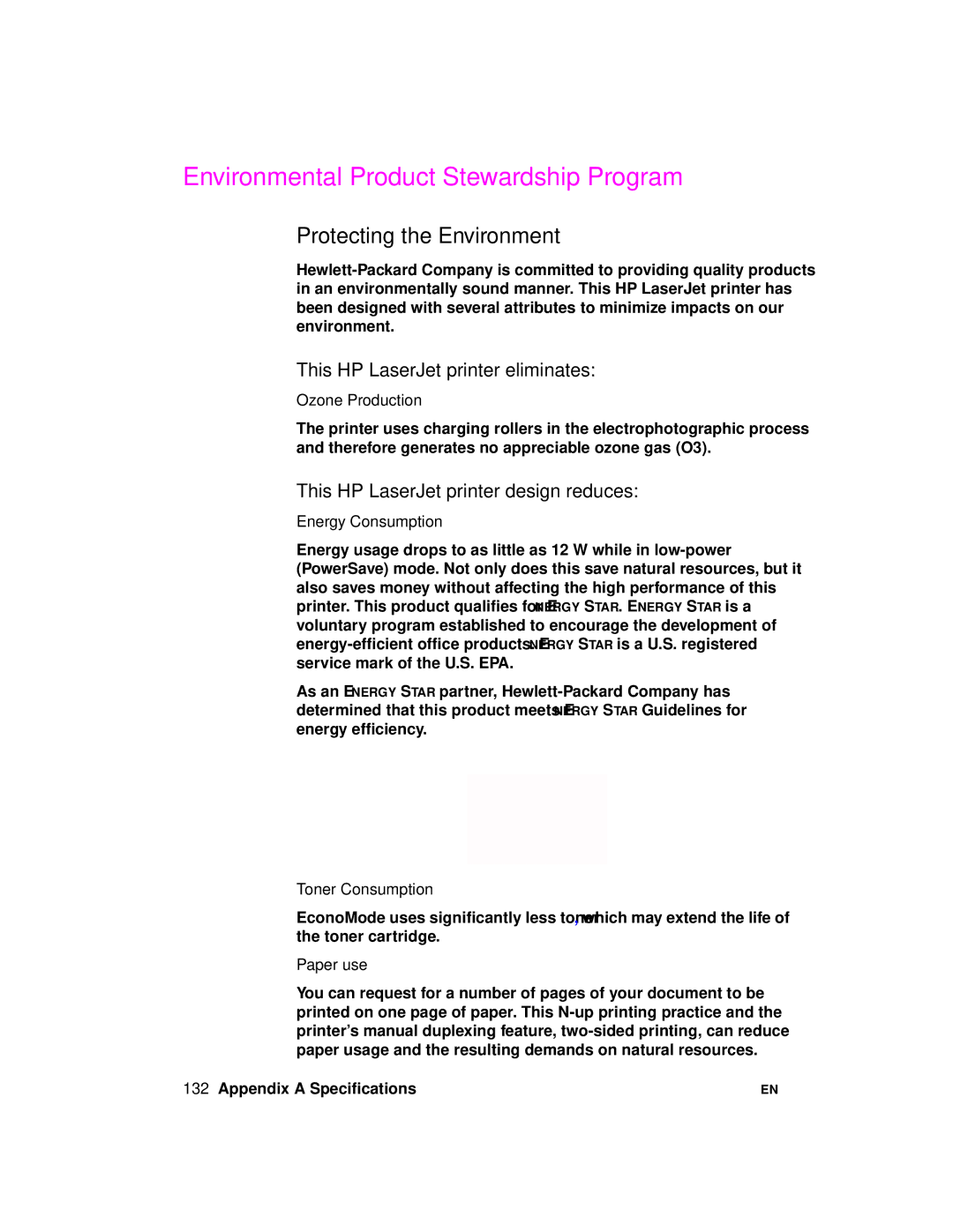 HP 2100 manual Environmental Product Stewardship Program, Protecting the Environment, This HP LaserJet printer eliminates 