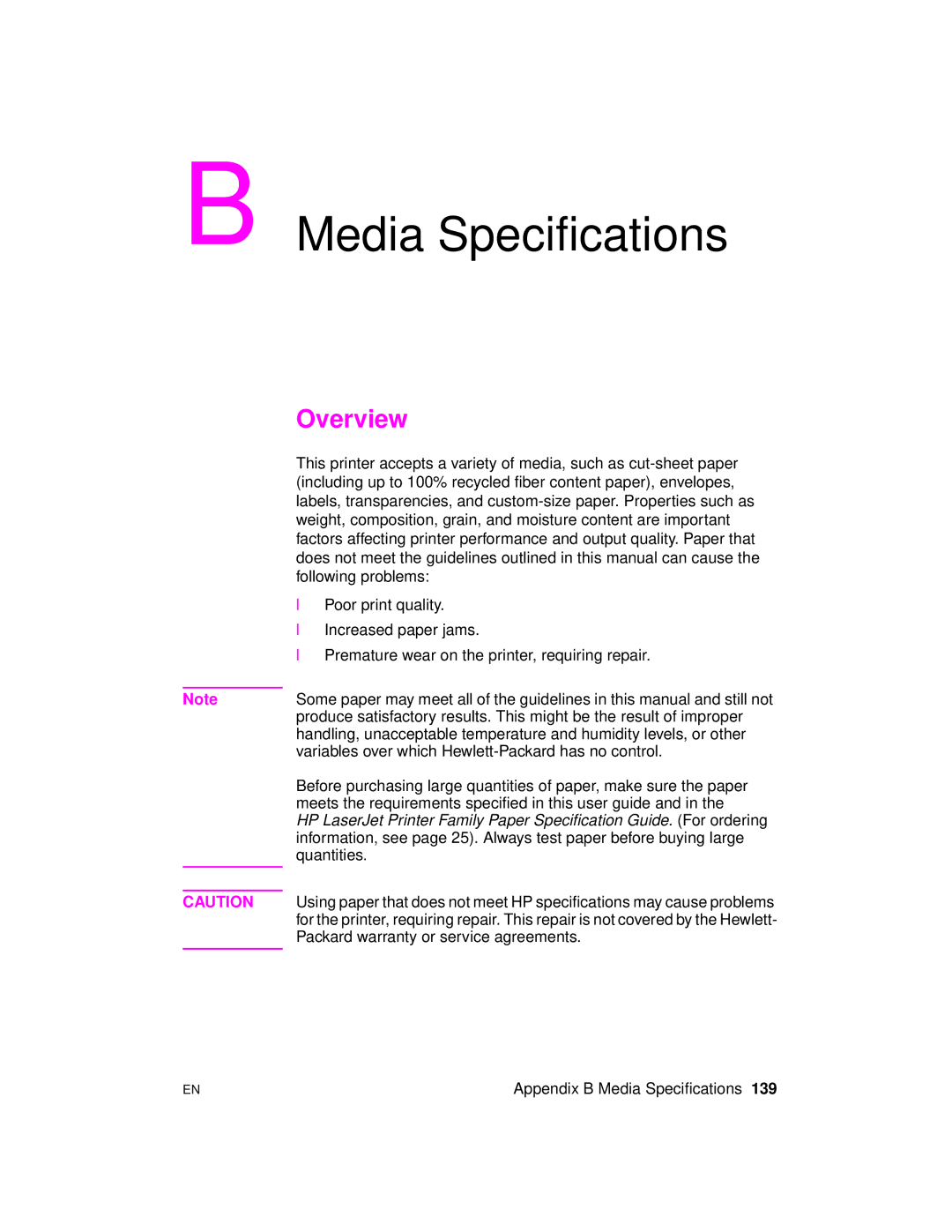 HP 2100 manual Media Specifications 