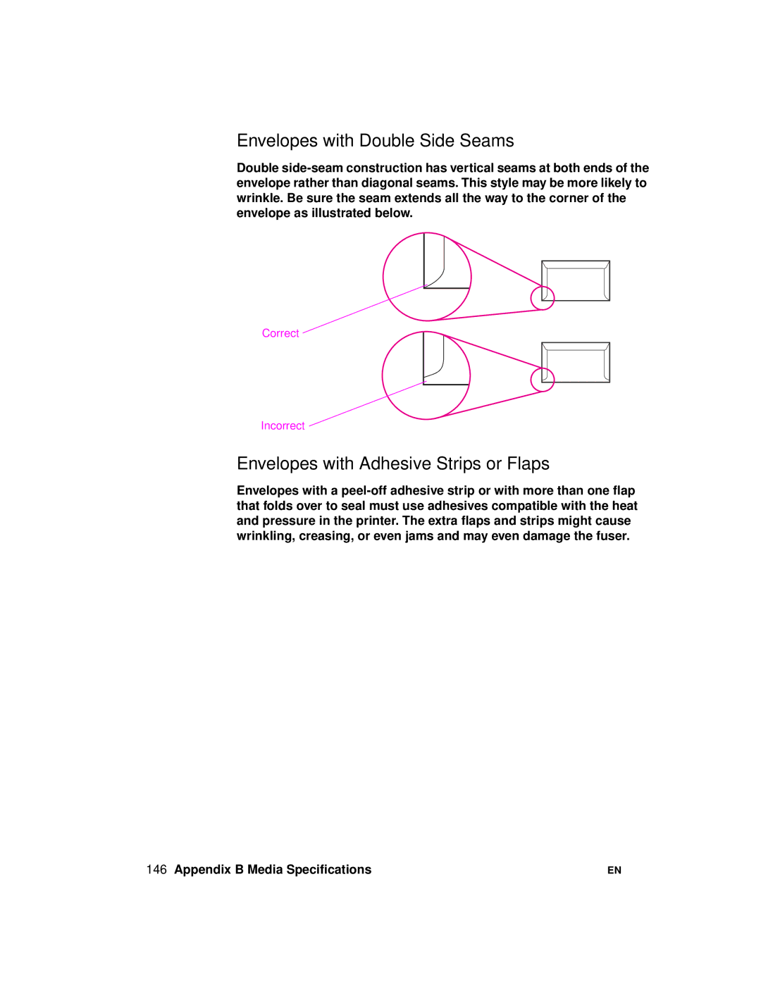 HP 2100 manual Envelopes with Double Side Seams, Envelopes with Adhesive Strips or Flaps 