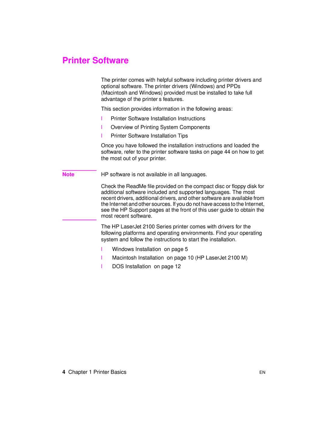 HP 2100 manual Printer Software 