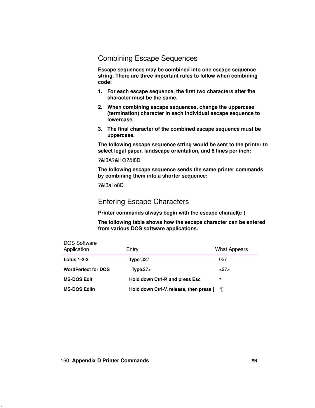 HP 2100 manual Combining Escape Sequences, Entering Escape Characters, DOS Software Application Entry What Appears 