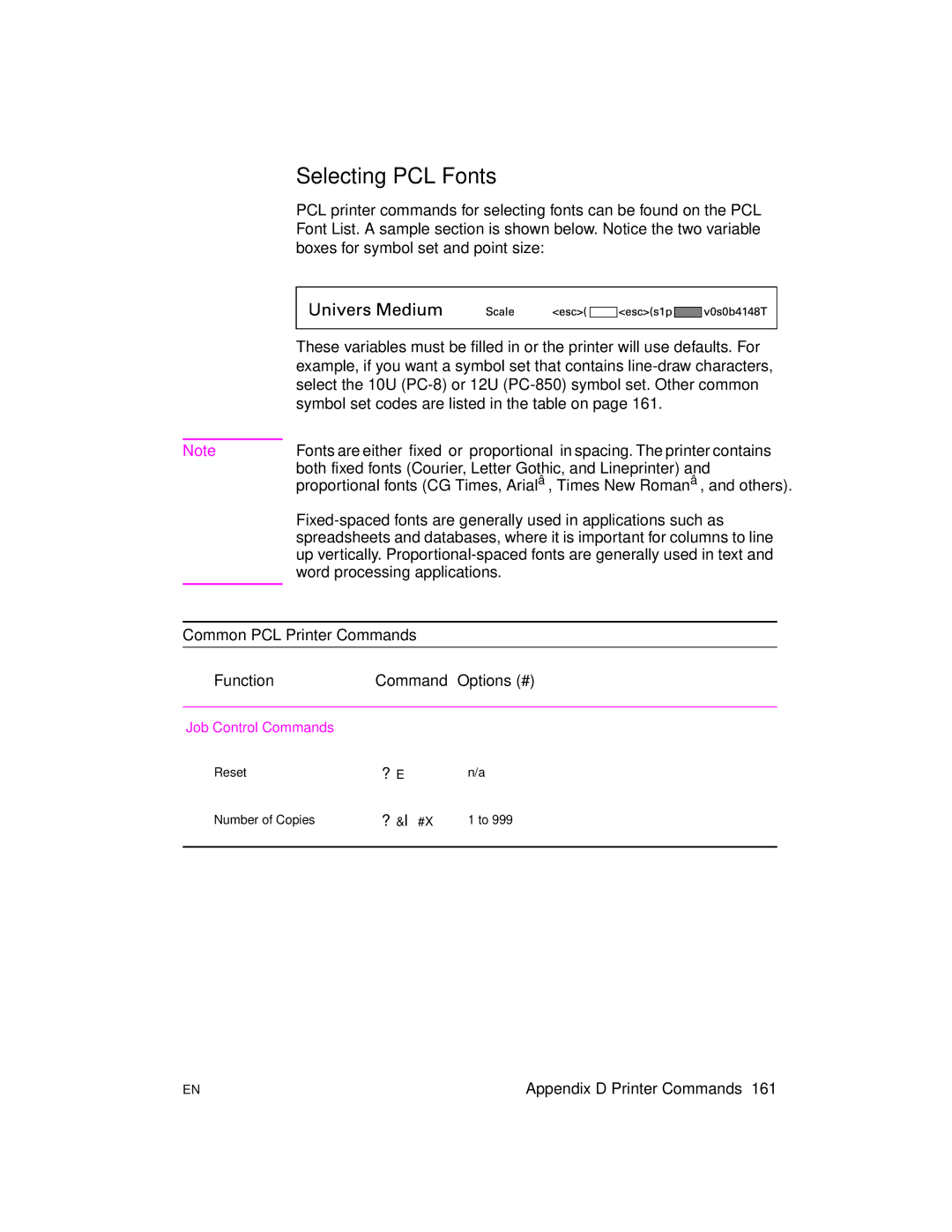 HP 2100 manual Selecting PCL Fonts, Common PCL Printer Commands Function Options # 