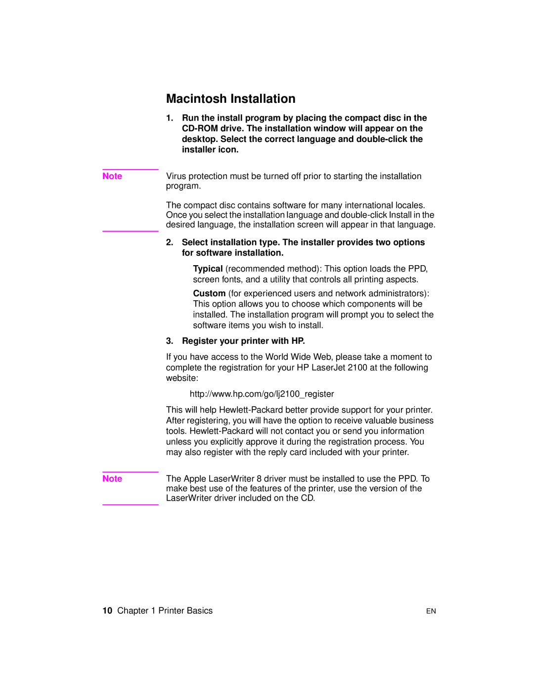 HP 2100 manual Macintosh Installation, Register your printer with HP 