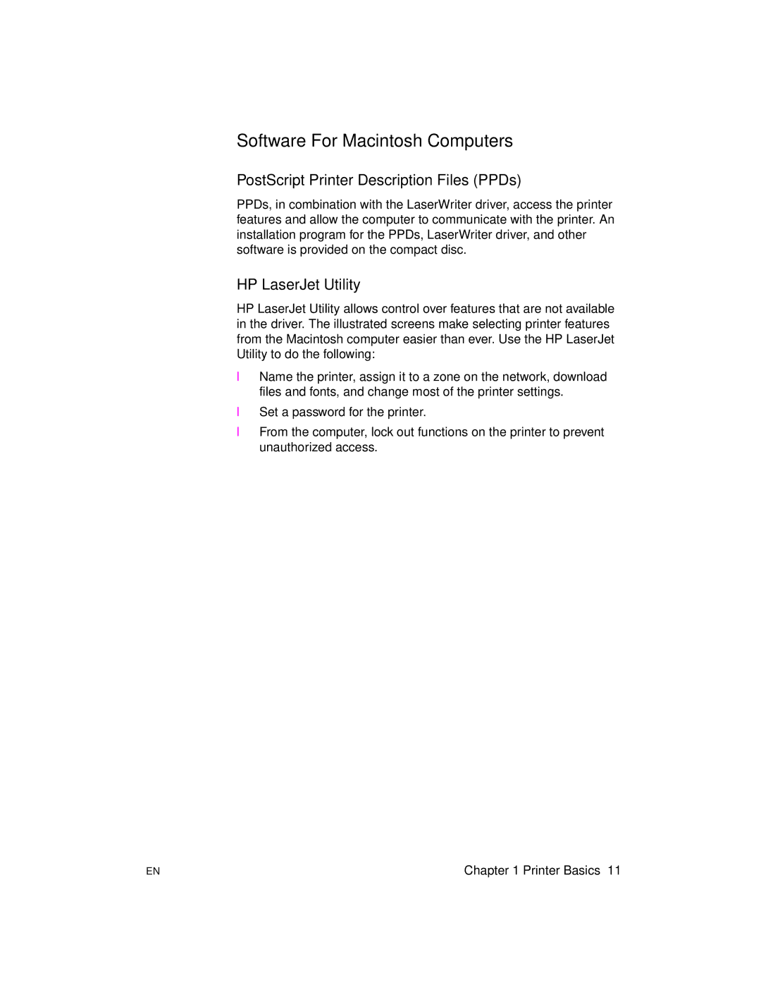 HP 2100 manual Software For Macintosh Computers, PostScript Printer Description Files PPDs, HP LaserJet Utility 