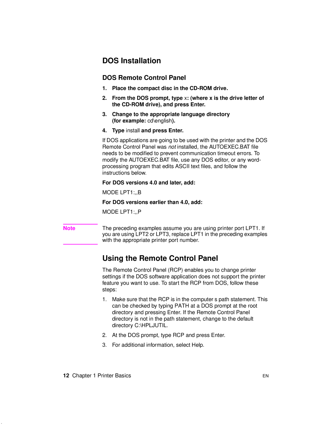 HP 2100 manual DOS Installation, Using the Remote Control Panel, DOS Remote Control Panel 