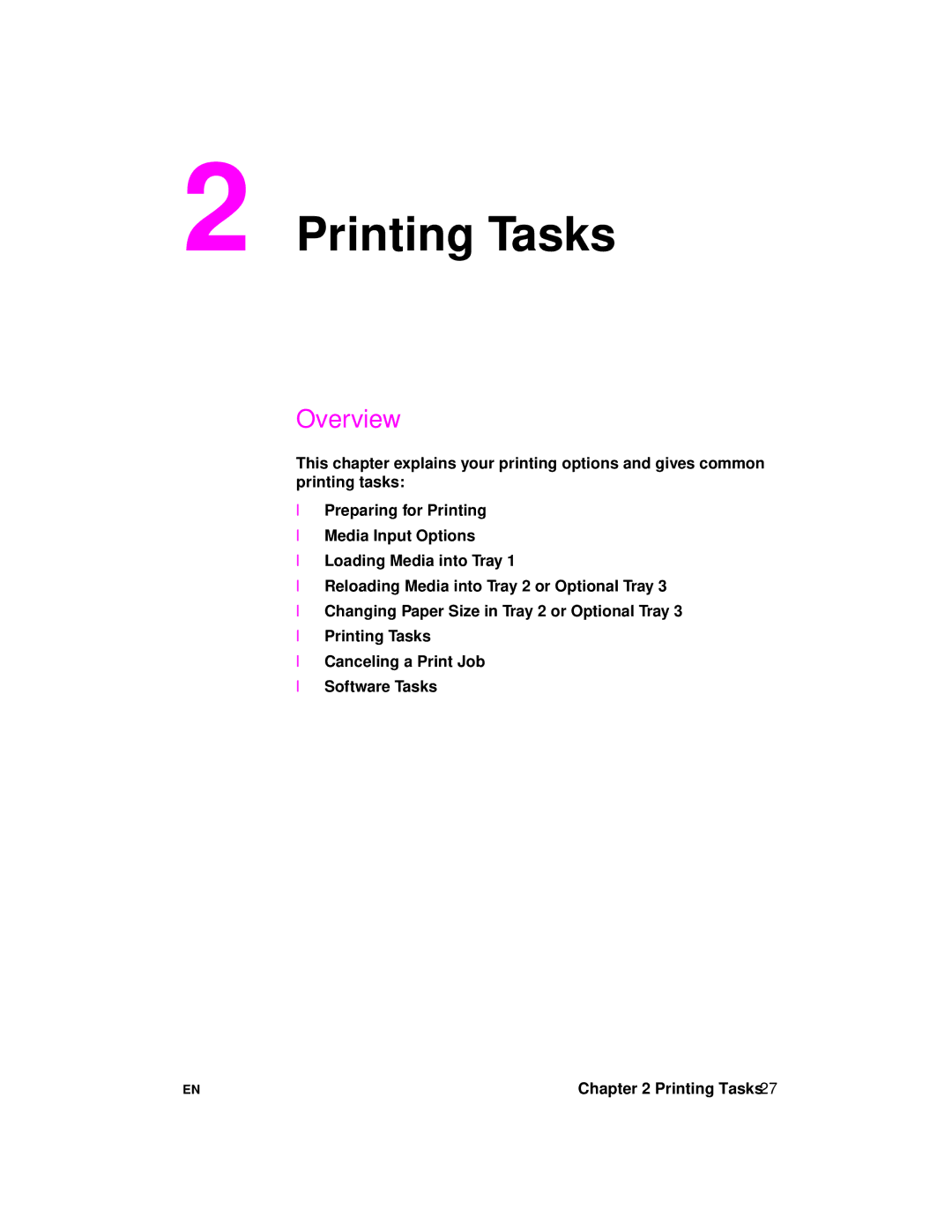 HP 2100 manual Printing Tasks, Overview 