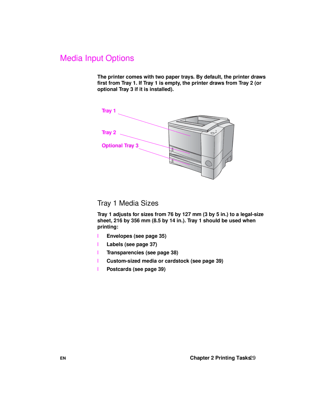 HP 2100 manual Media Input Options, Tray 1 Media Sizes 