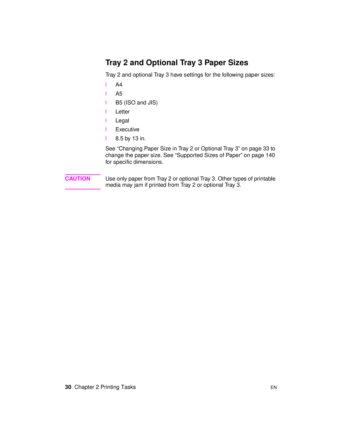 HP 2100 manual Tray 2 and Optional Tray 3 Paper Sizes 