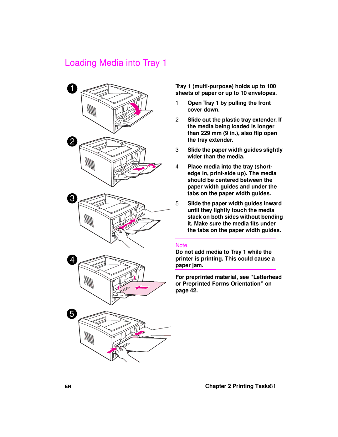 HP 2100 manual Loading Media into Tray 