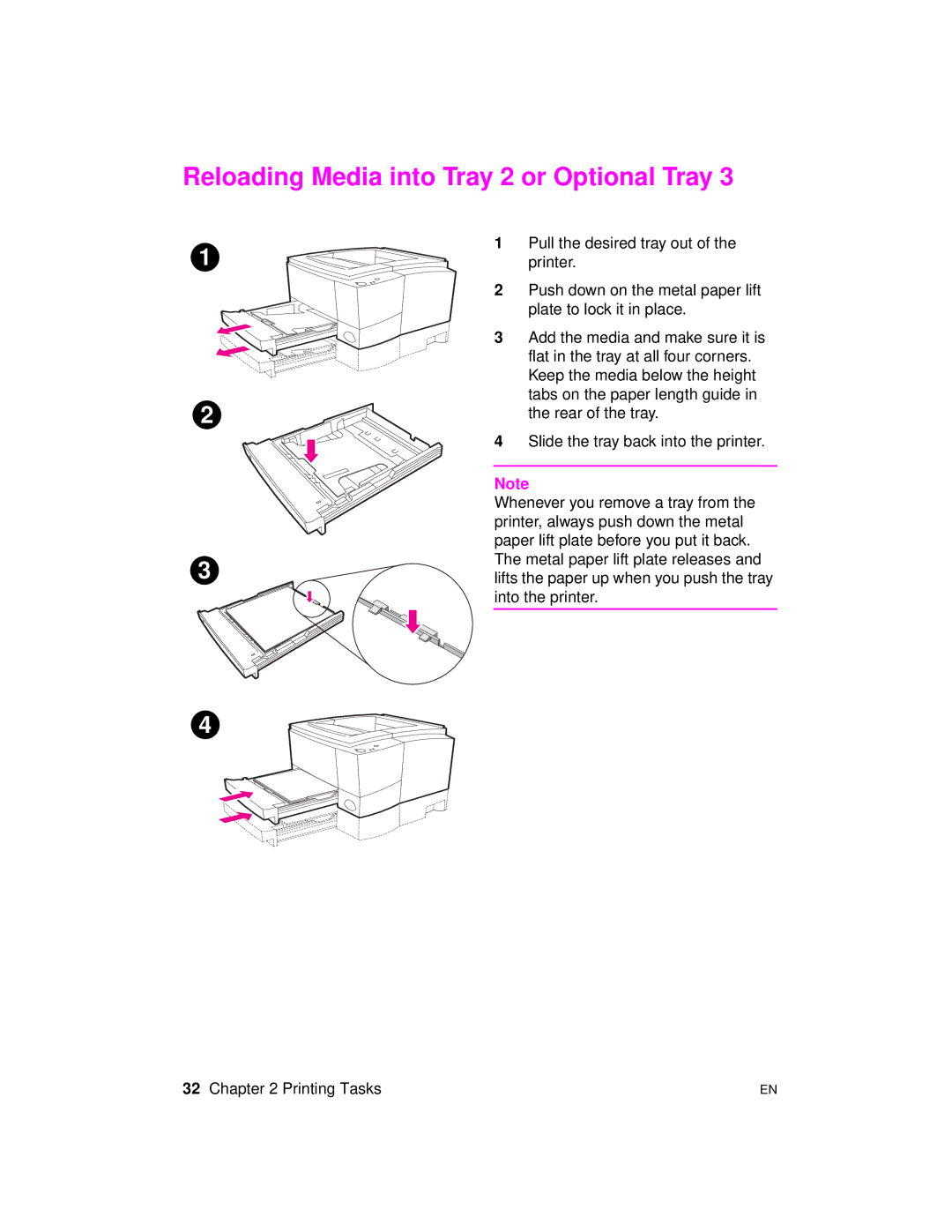 HP 2100 manual Reloading Media into Tray 2 or Optional Tray 