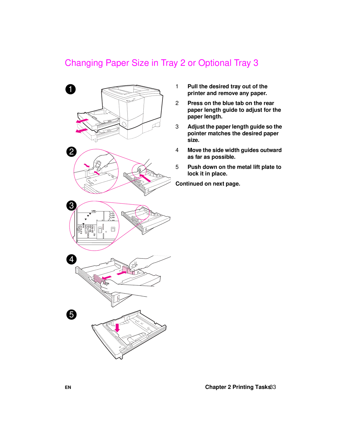 HP 2100 manual Changing Paper Size in Tray 2 or Optional Tray 