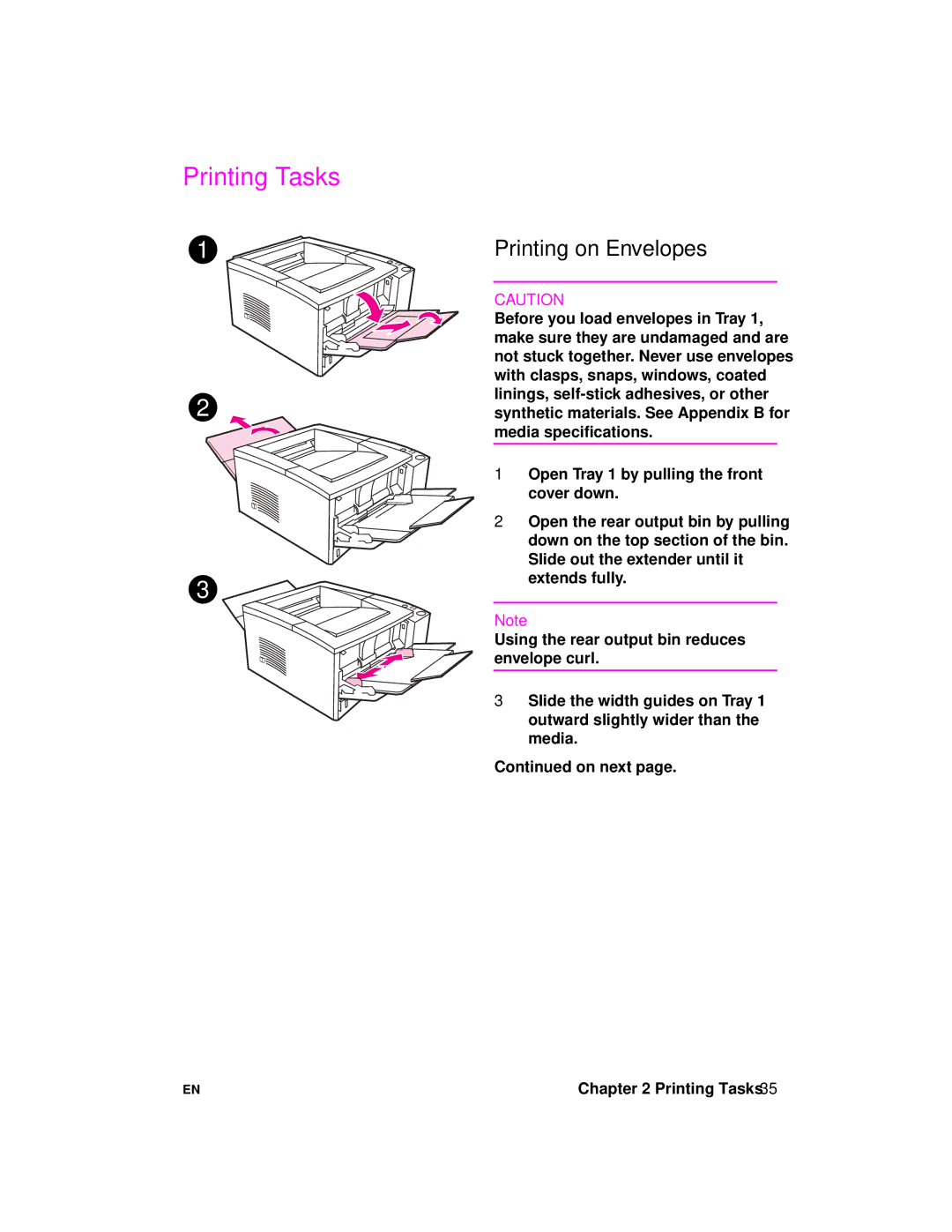 HP 2100 manual Printing Tasks, Printing on Envelopes 