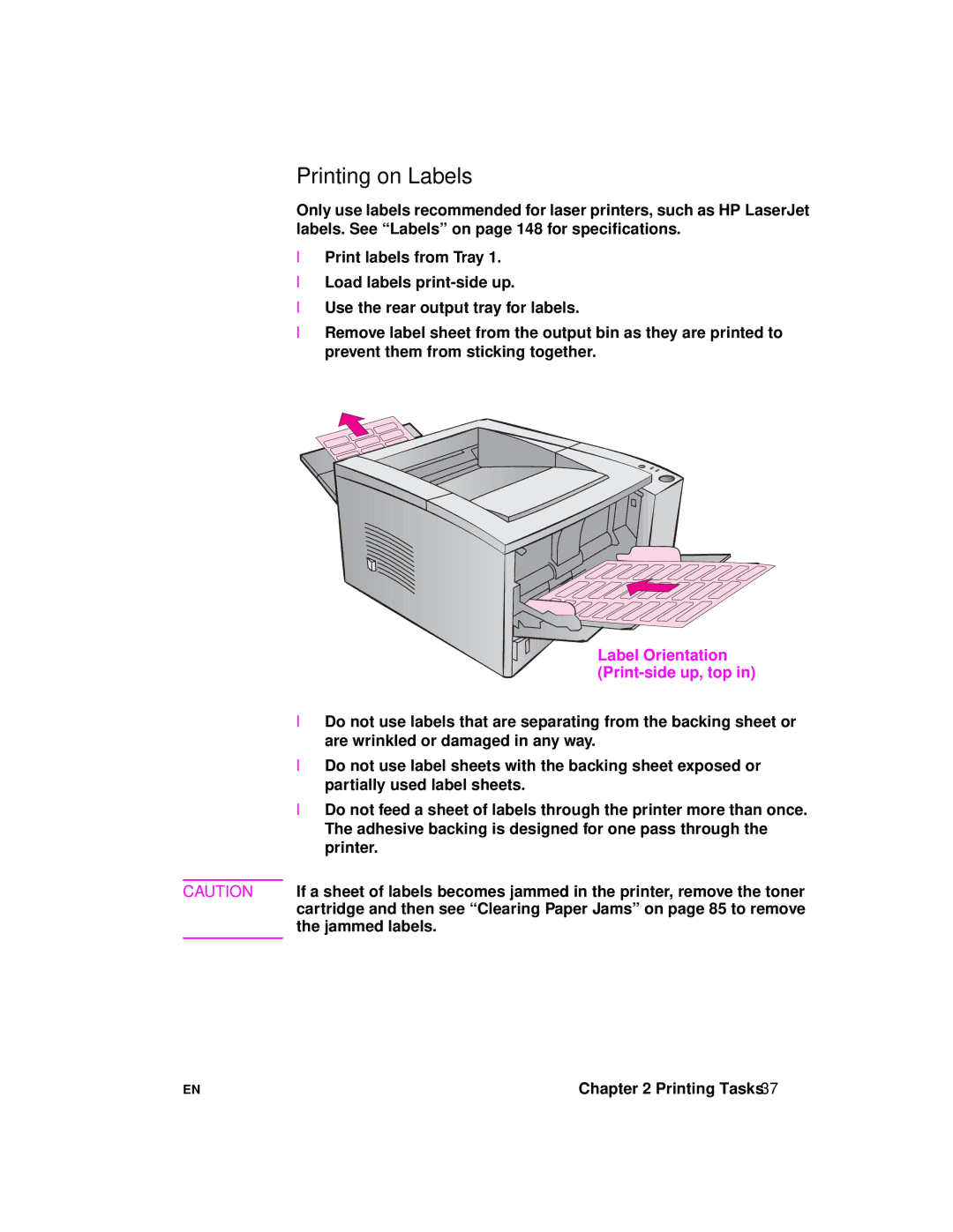 HP 2100 manual Printing on Labels, Print-side up, top 