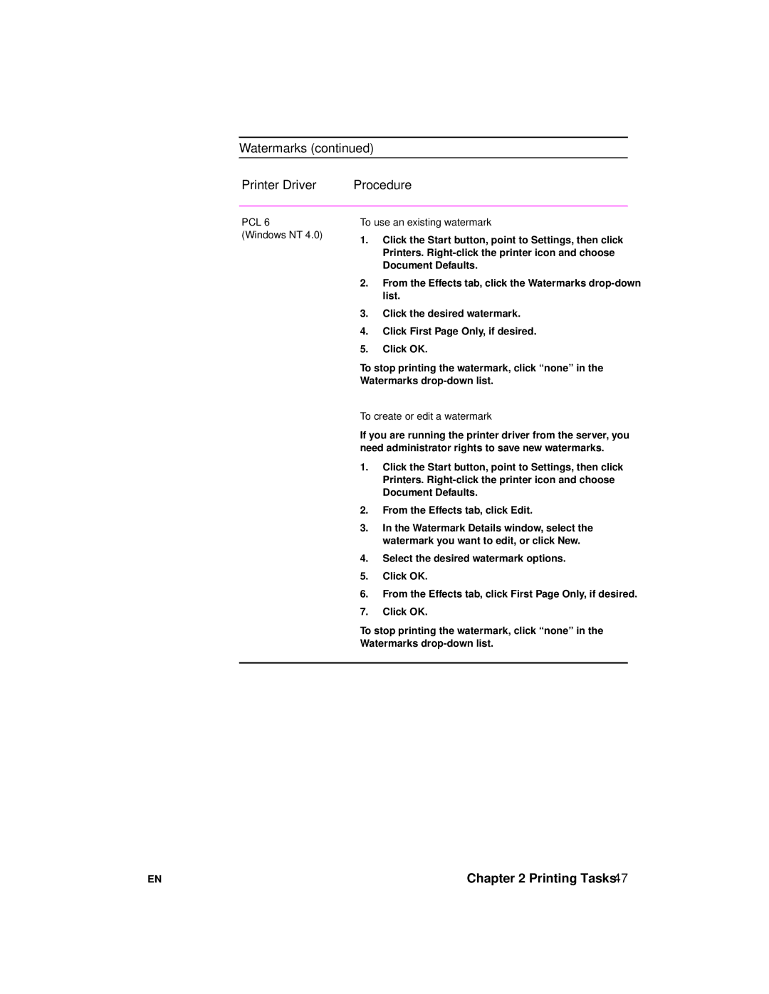 HP 2100 manual Windows NT To use an existing watermark 