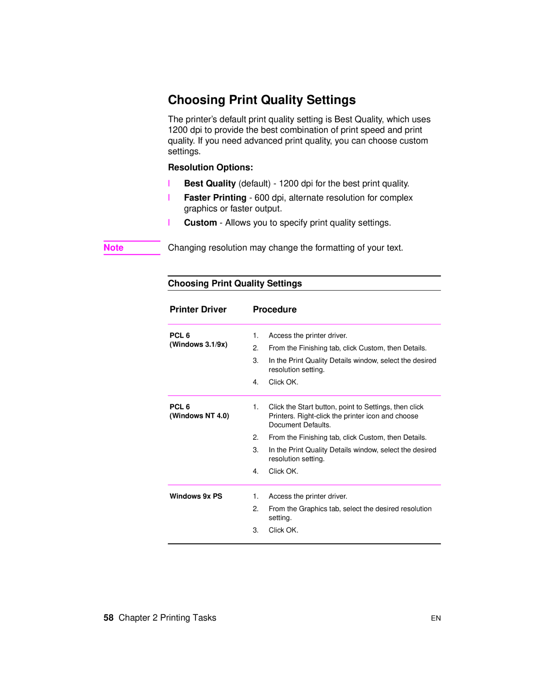 HP 2100 manual Resolution Options, Choosing Print Quality Settings Printer Driver Procedure 