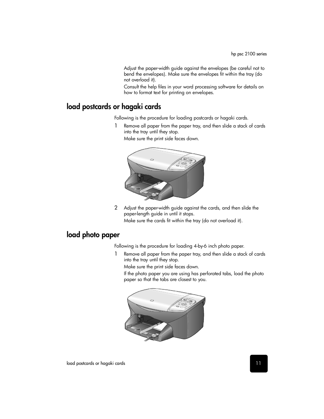 HP 2100 manual Load postcards or hagaki cards, Load photo paper 