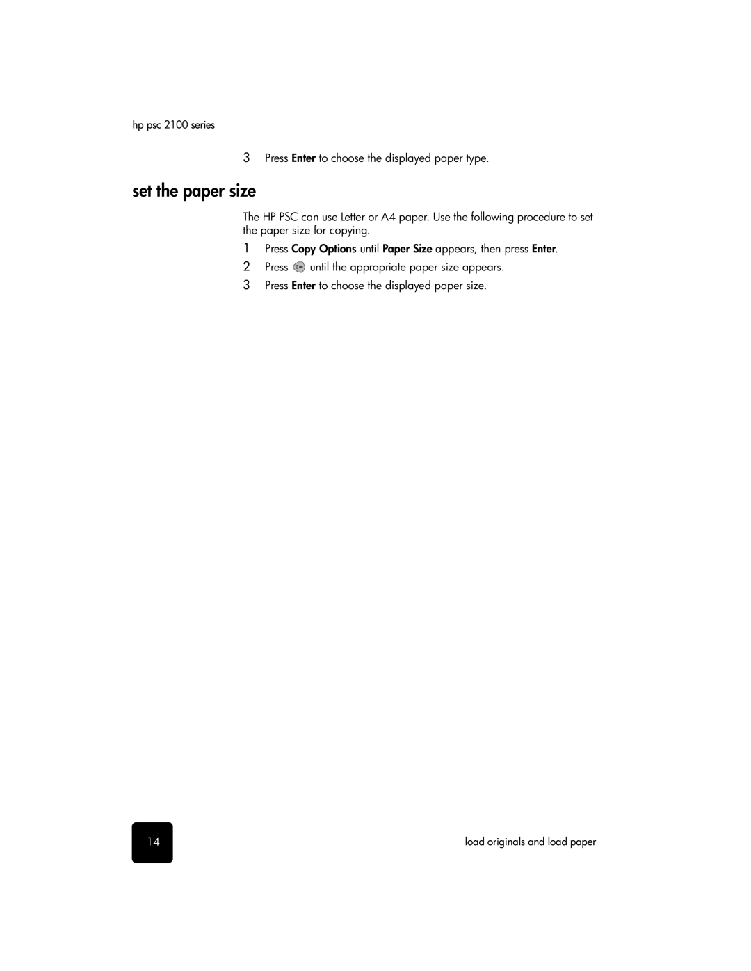 HP 2100 manual Set the paper size, Press Enter to choose the displayed paper type 