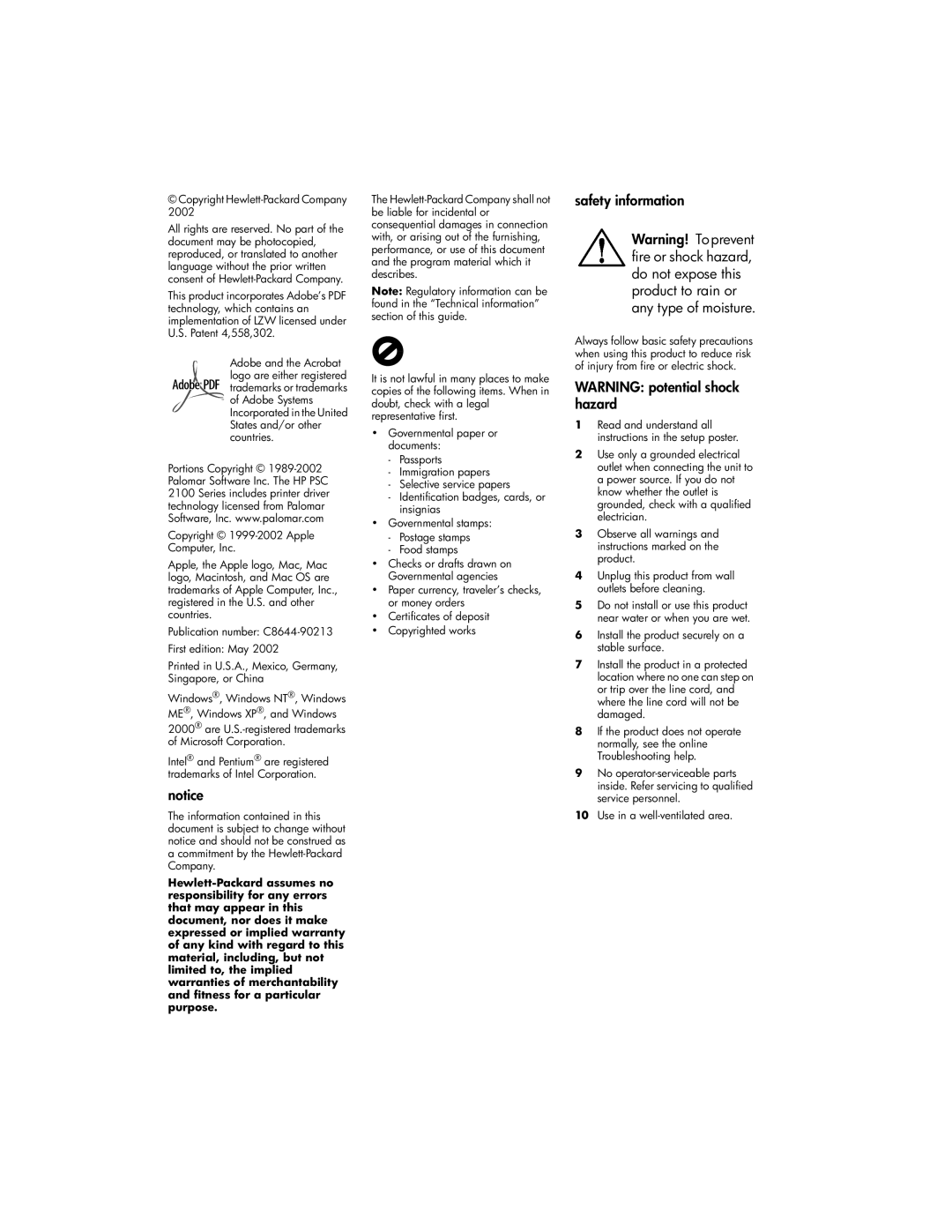 HP 2100 manual Safety information, Copyright Hewlett-Packard Company 