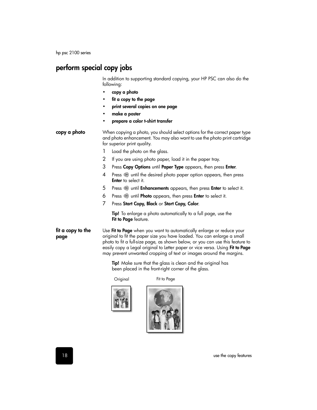 HP 2100 manual Perform special copy jobs, Copy a photo, Fit a copy to 