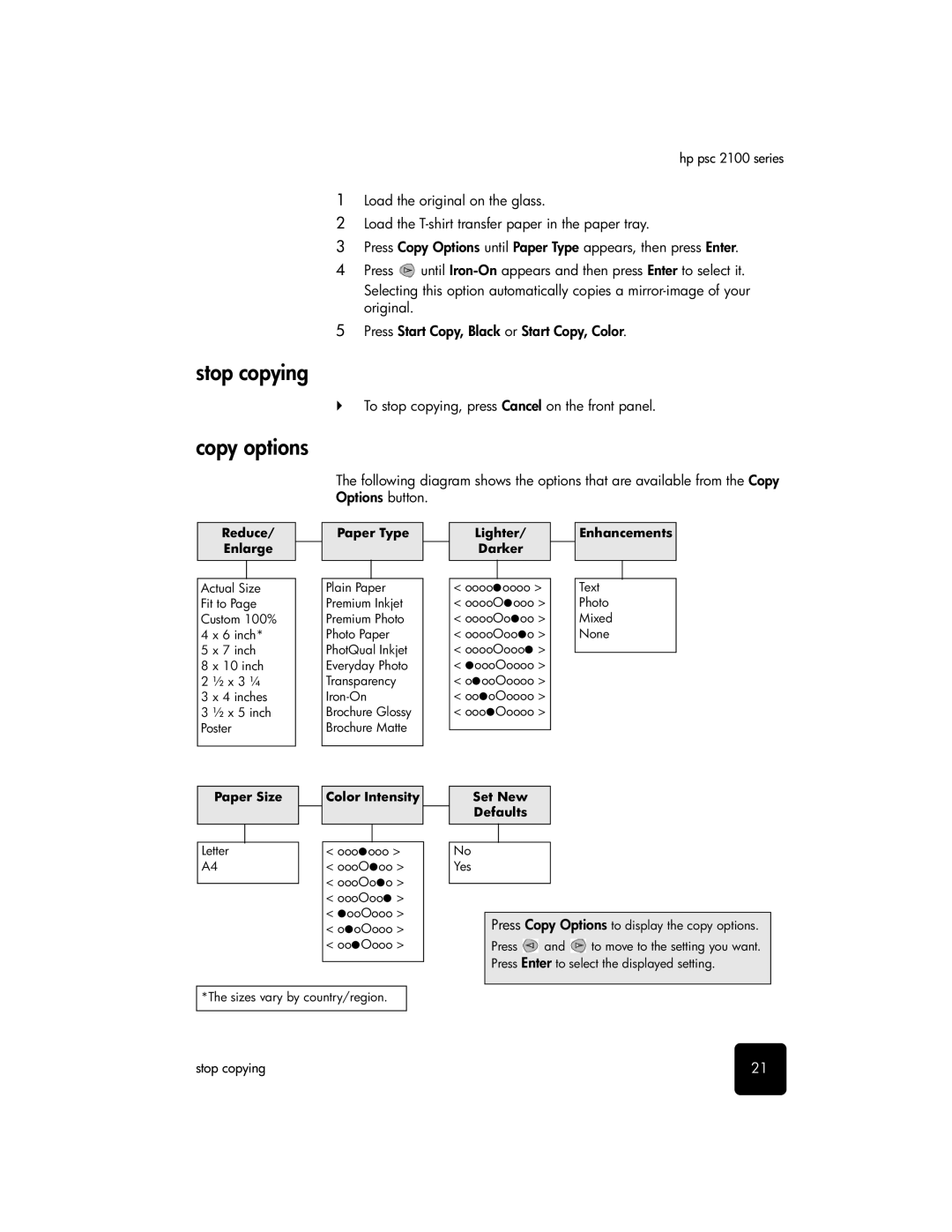 HP 2100 manual Stop copying, Copy options, To stop copying, press Cancel on the front panel 