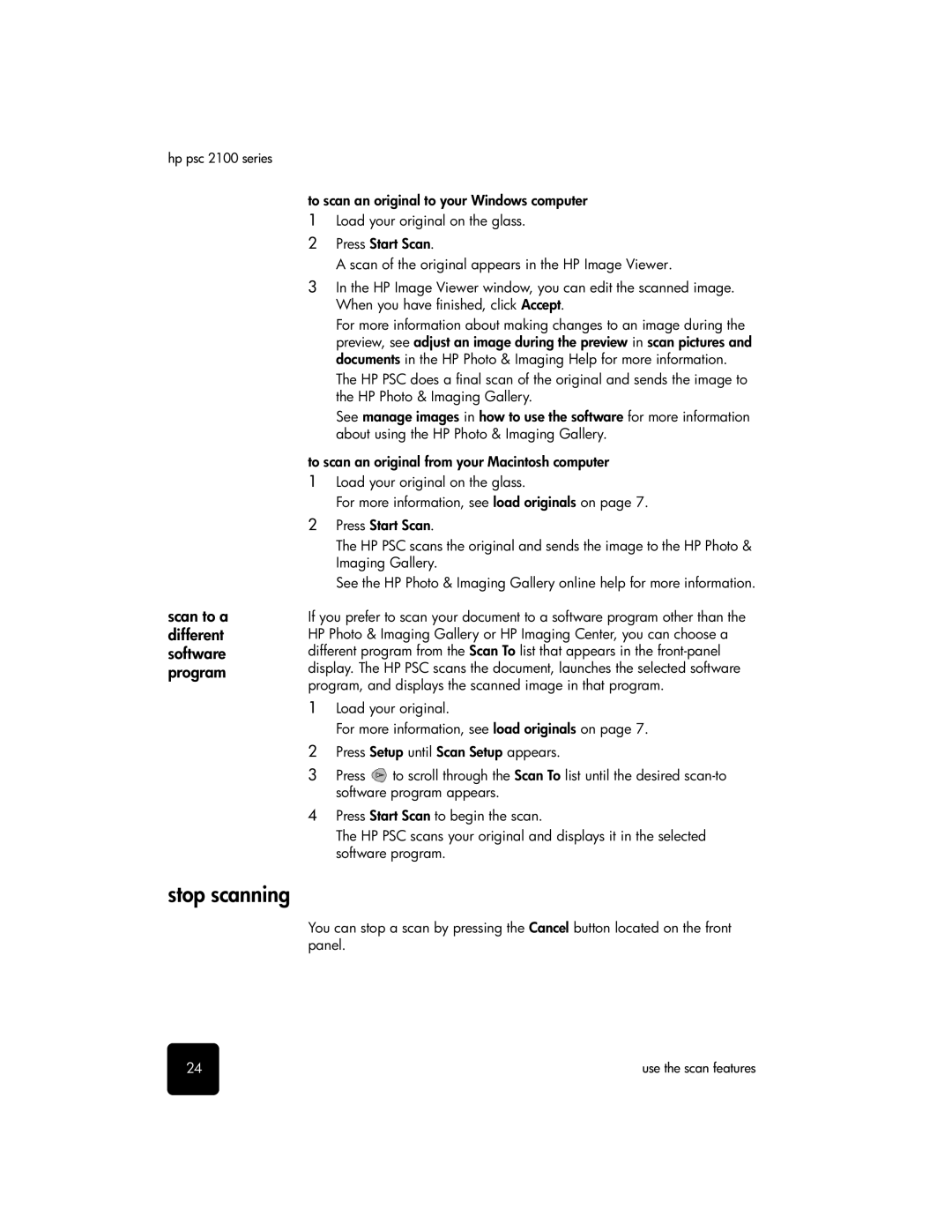 HP 2100 manual Stop scanning, Scan to a different software program 