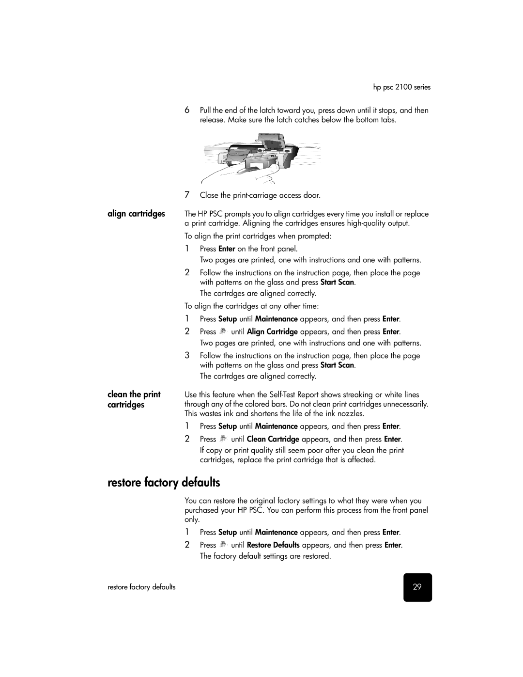 HP 2100 manual Restore factory defaults, Clean the print cartridges 