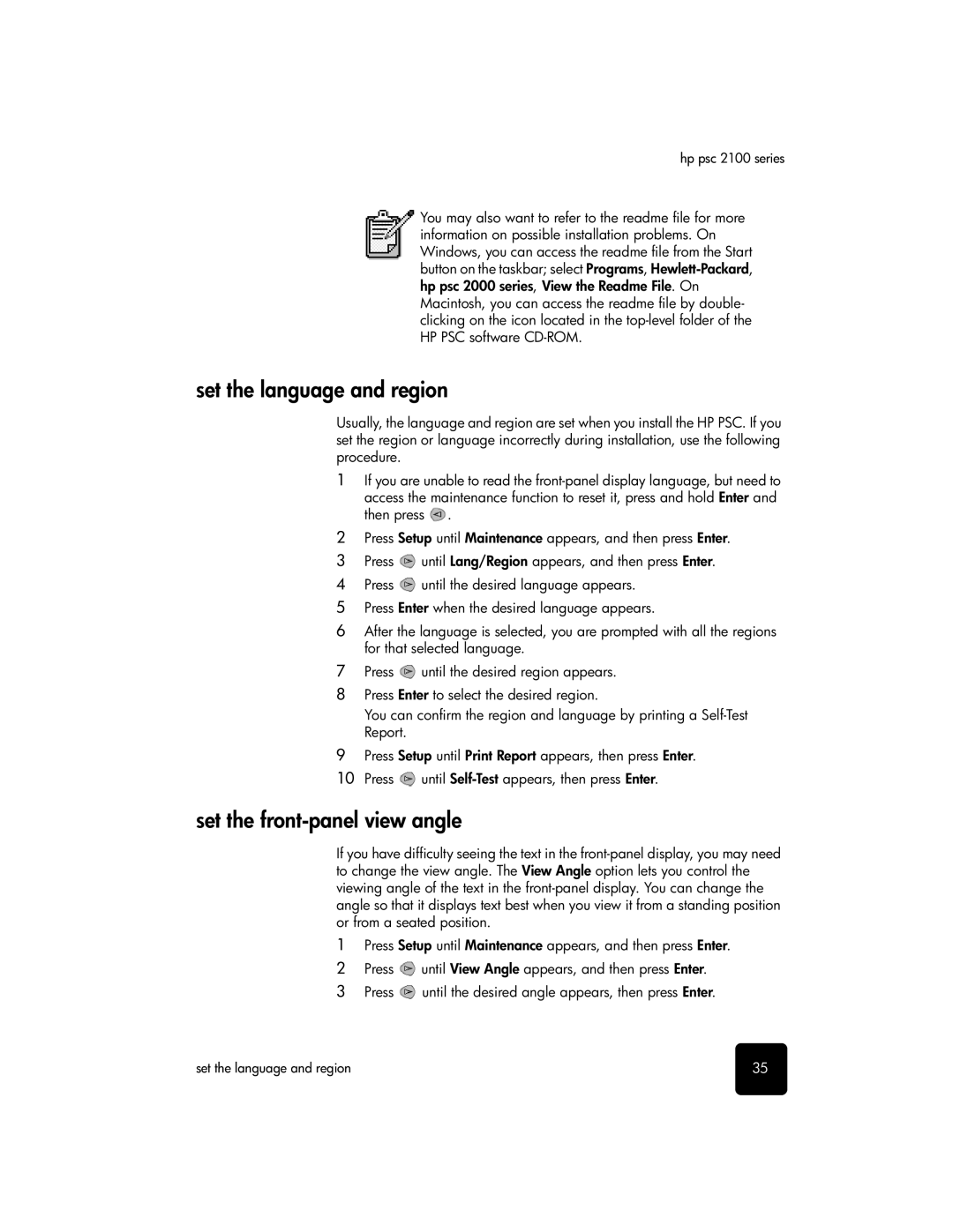 HP 2100 manual Set the language and region, Set the front-panel view angle 