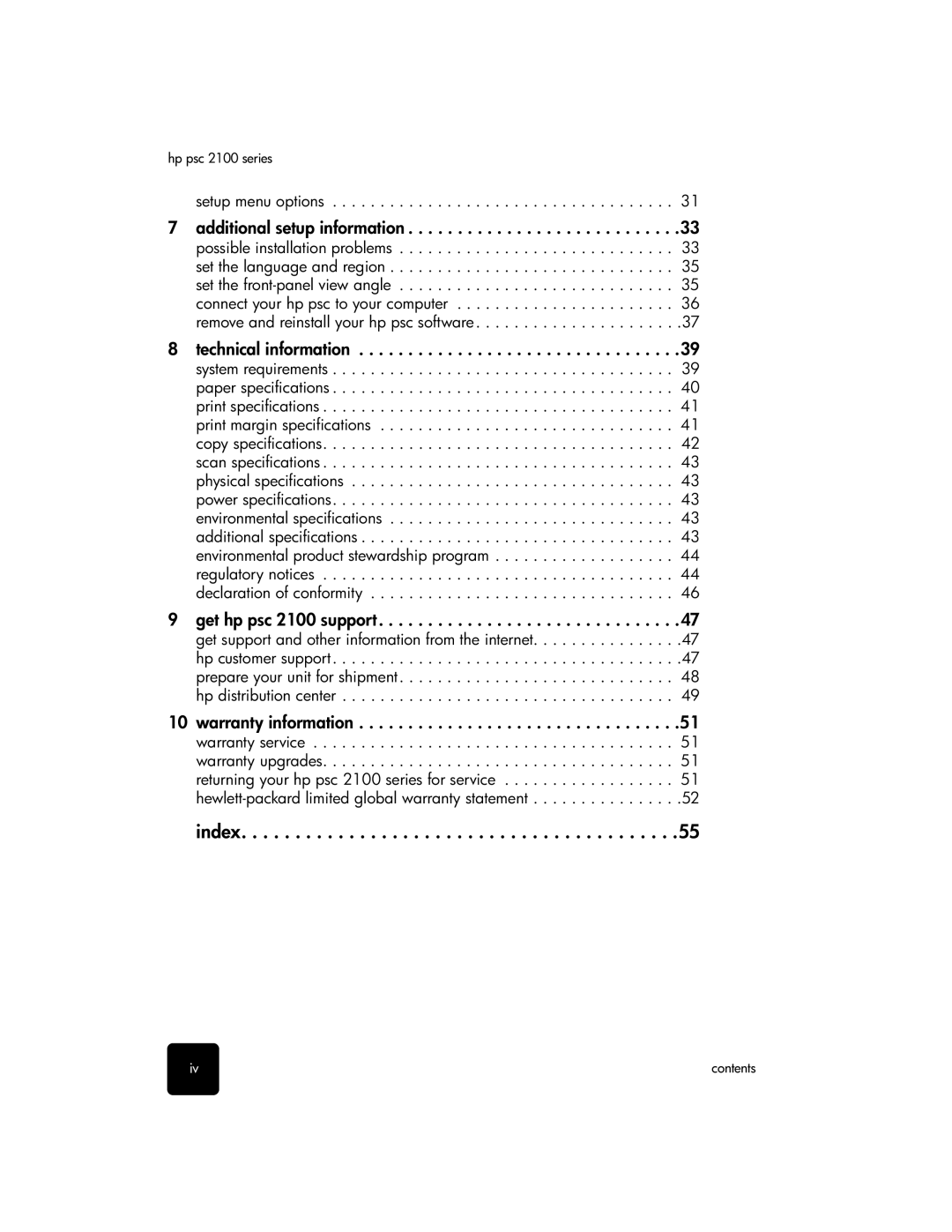 HP 2100 manual Index, Setup menu options 