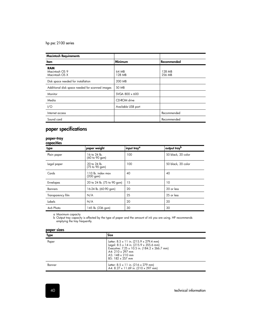 HP 2100 manual Paper specifications, Paper-tray capacities, Paper sizes 