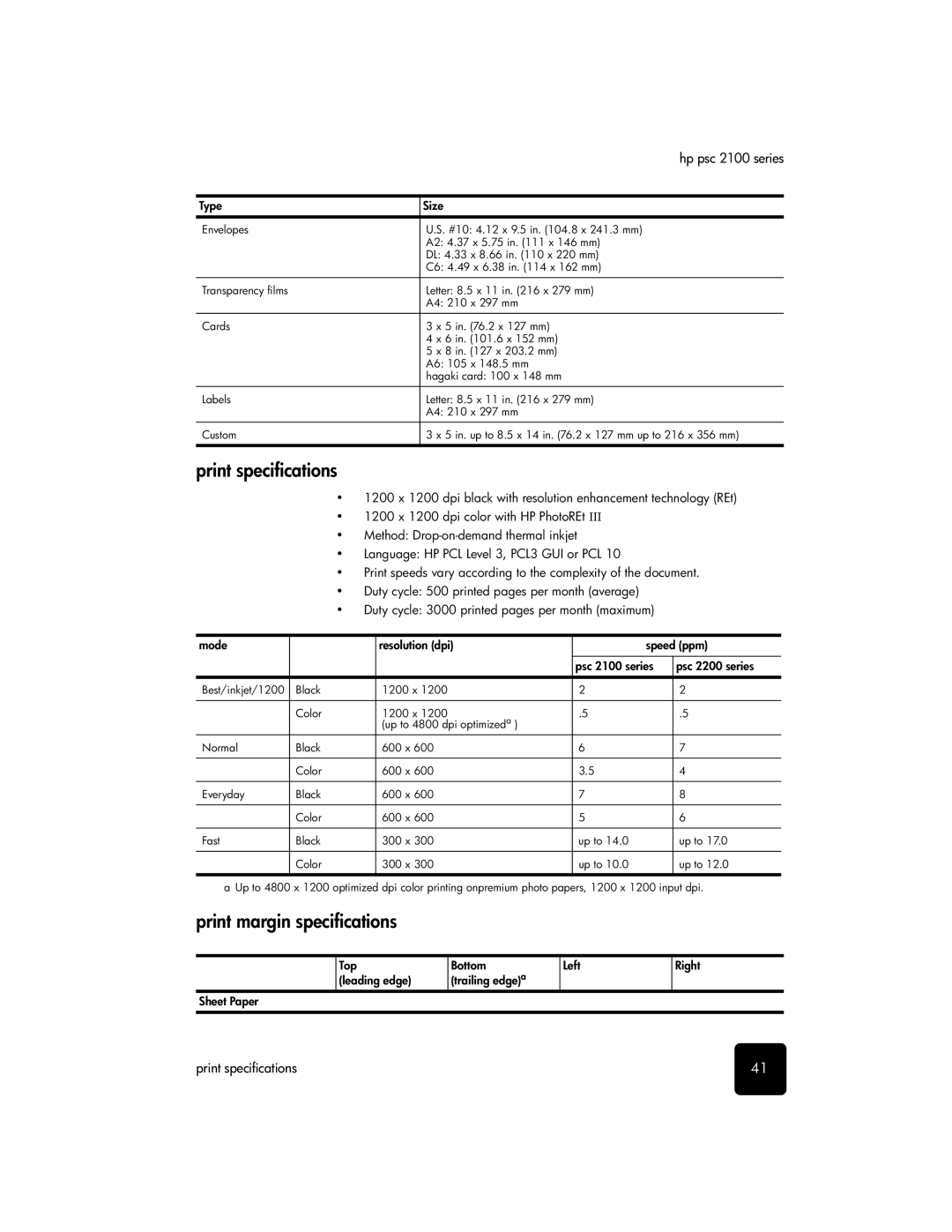 HP 2100 manual Print specifications, Print margin specifications 