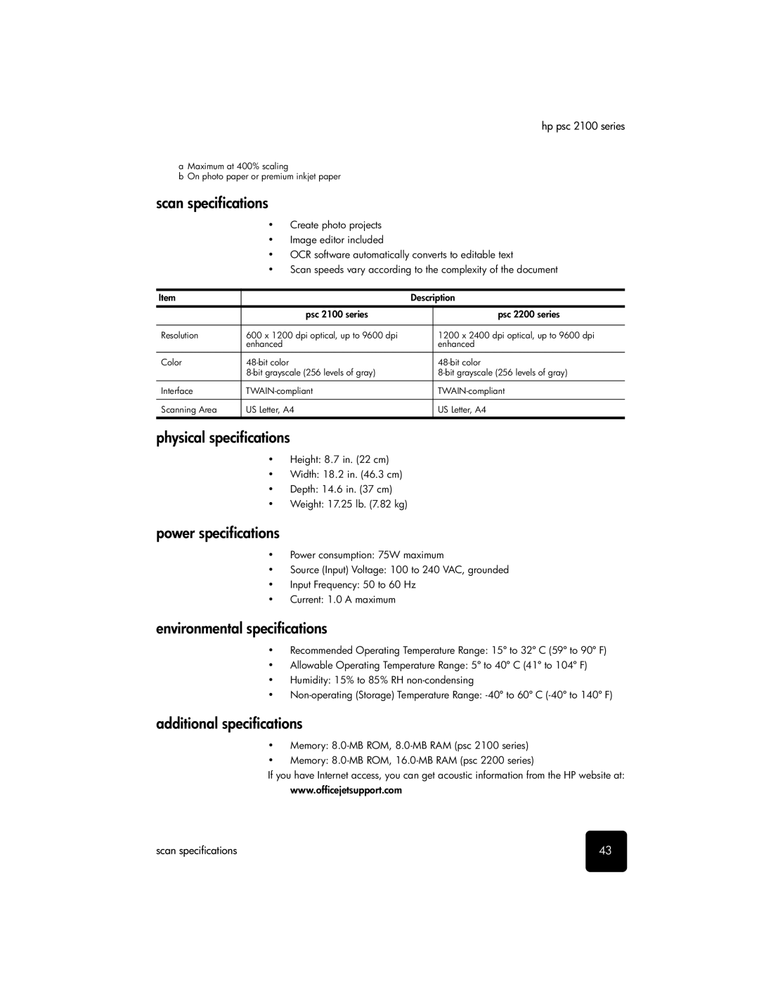 HP 2100 manual Scan specifications, Physical specifications, Power specifications, Environmental specifications 