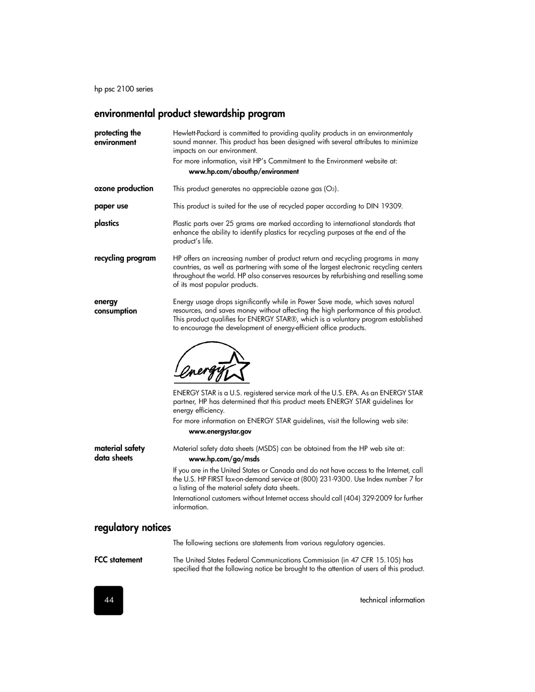 HP 2100 manual Environmental product stewardship program, Regulatory notices 