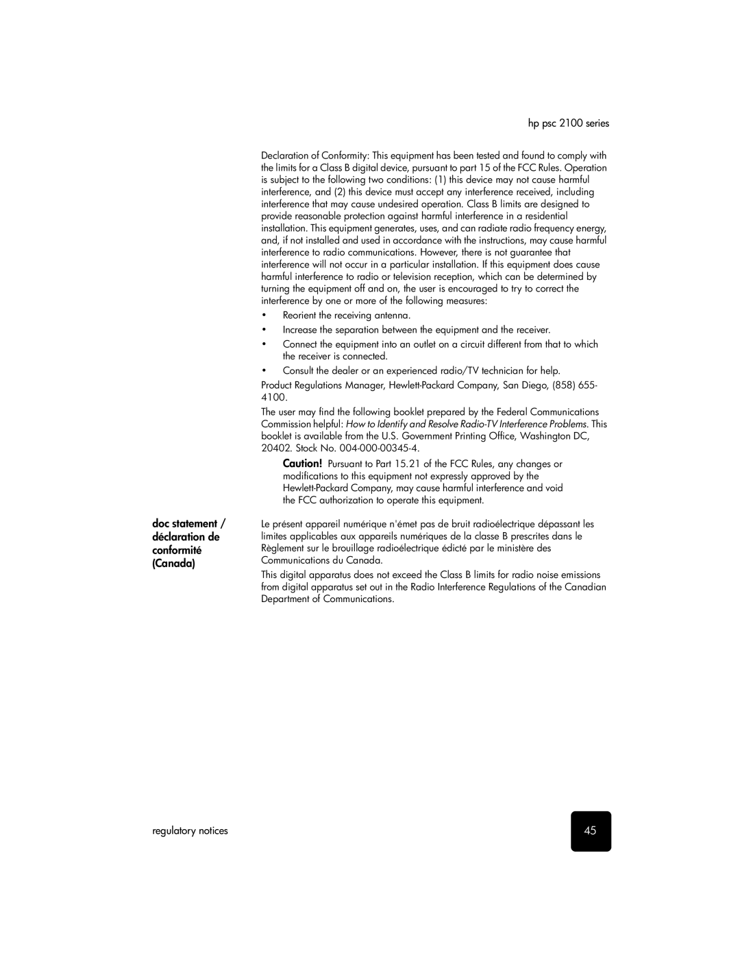 HP 2100 manual Doc statement / déclaration de conformité Canada 